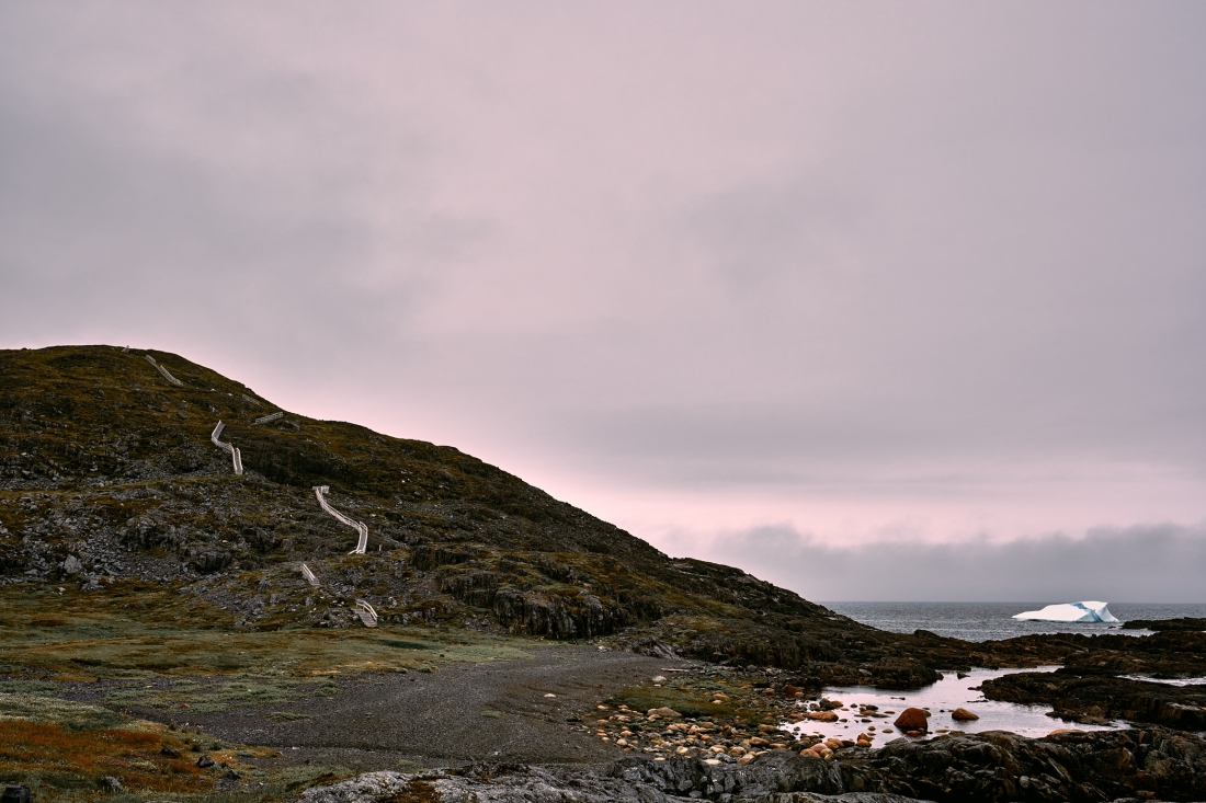A grassy headland with a white fence zigzagging up it, and an iceberg on the grey sea beyond.
