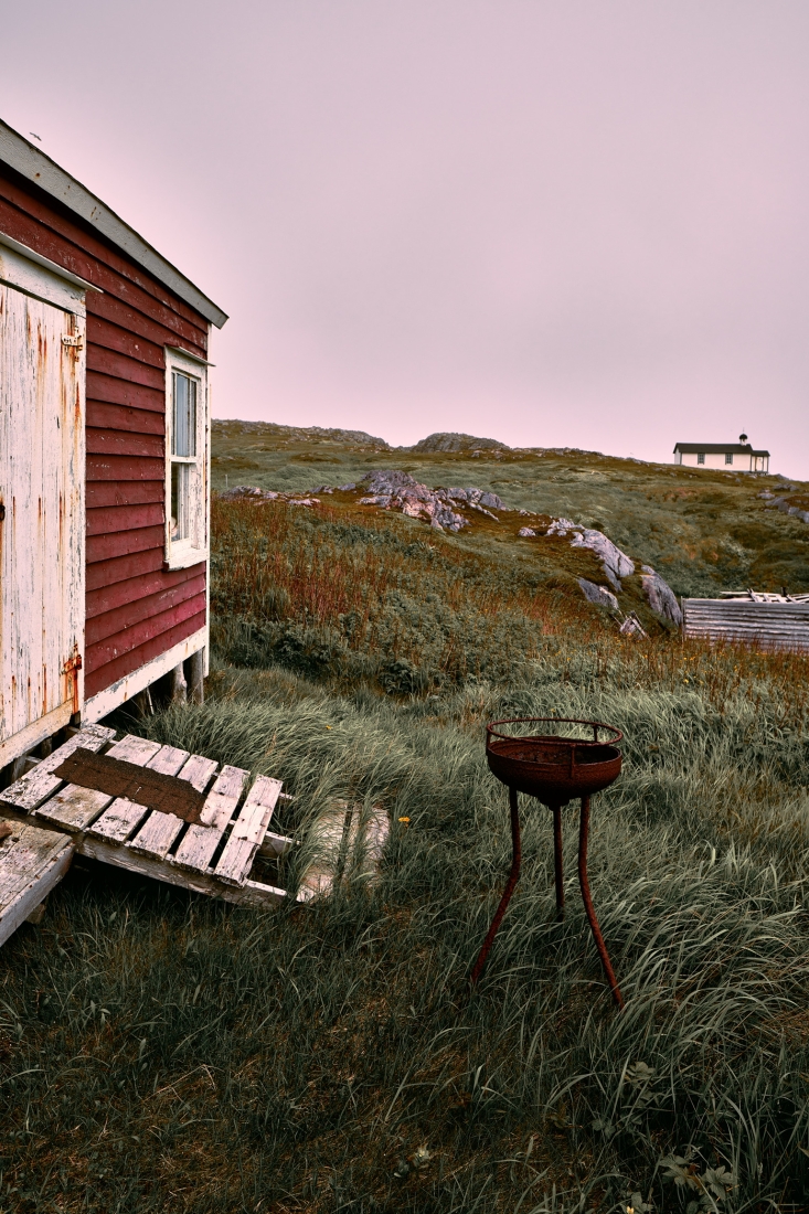 The corner of a red clapboard shed, a broken pallet and a rusted barbecue stand in long grass, with a small white building on the far ridge.