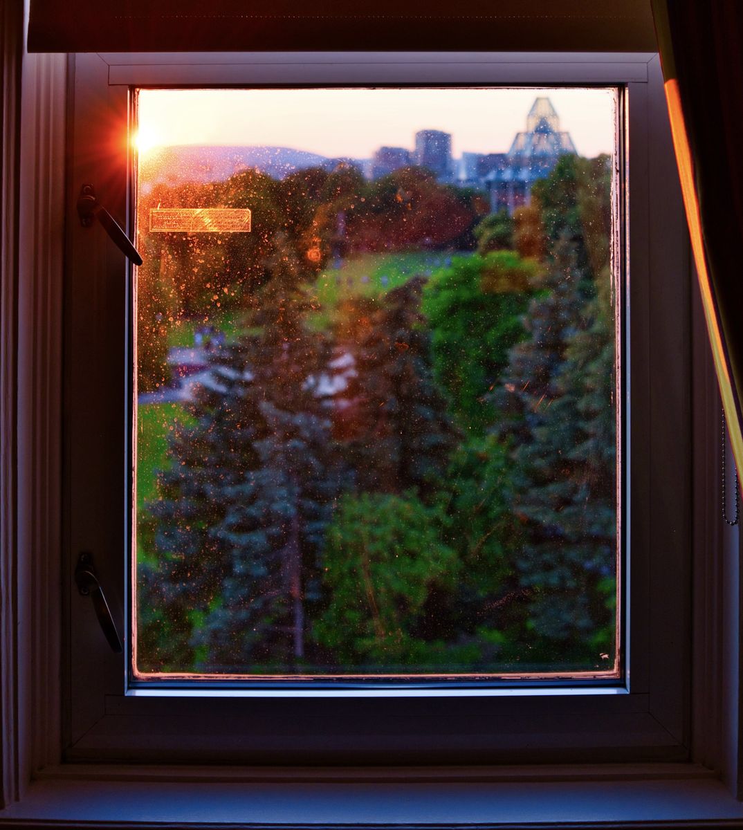 A dusty window at sunset looking over treetops toward the city and the glass peaks of the National Gallery of Canada.